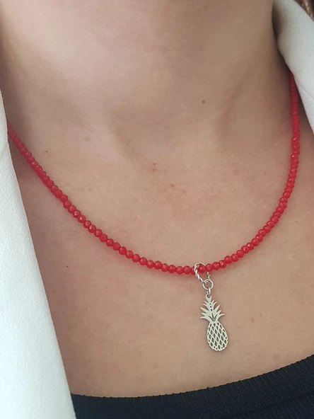 Kırmızı Bohem Otantik Doğaltaş Gümüş Kolye ürün görseli 1