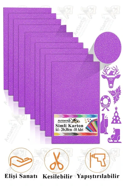 Mor Simli Karton A4 20x30 cm 10 lu 1 Paket Simli Fon Kartonu Parıltılı Kağıt Anasınıfı Kreş Etkinlik Proje ürün görseli 1