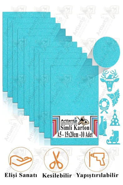 Açık Mavi Simli Karton A5 15x20 cm 10 lu 1 Paket Simli Fon Kartonu Parıltılı Kağıt Anasınıfı Kreş Etkinlik Proje ürün görseli 1