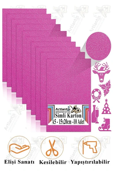 Pembe Simli Karton A5 15x20 cm 10 lu 1 Paket Simli Fon Kartonu Parıltılı Kağıt Anasınıfı Kreş Etkinlik Proje ürün görseli 1