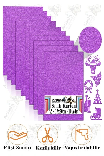 Mor Simli Karton A5 15x20 cm 10 lu 1 Paket Simli Fon Kartonu Parıltılı Kağıt Anasınıfı Kreş Etkinlik Proje ürün görseli 1