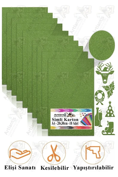 Yeşil Simli Karton A4 20x30 cm 10 lu 1 Paket Simli Fon Kartonu Parıltılı Kağıt Anasınıfı Kreş Etkinlik Proje ürün görseli 1