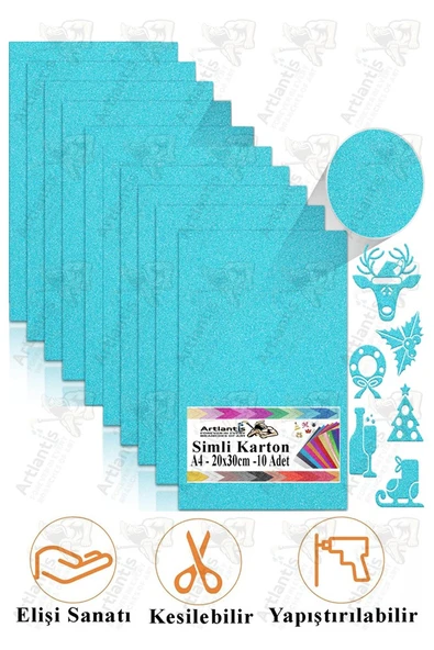 Açık Mavi Simli Karton A4 20x30 cm 10 lu 1 Paket Simli Fon Kartonu Parıltılı Kağıt Anasınıfı Kreş Etkinlik Proje ürün görseli 1