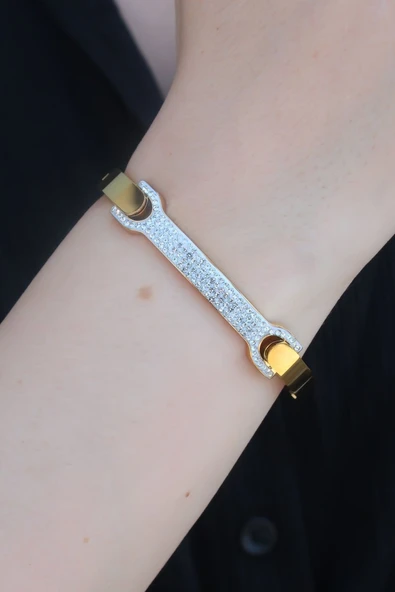 316L Çelik Gold Renk Zirkon Taşlı Kadın Kelepçe - TJ-BB5285 ürün görseli 1