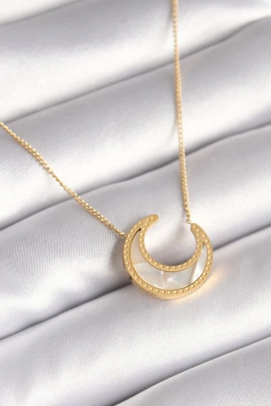 316L Çelik Gold Renk Beyaz Sedefli Hilal Model Kadın Kolye - TJ-BKO8362 ürün görseli 1