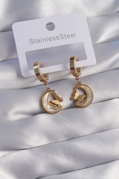 316L Çelik Gold Renk Mineli Ay Figürlü Kelebek Küpe - TJ-BKP9067 ürün görseli 1