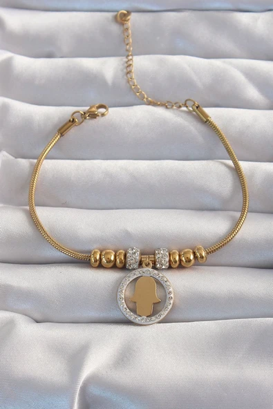 316L Çelik Gold Renk Zirkon Taş Aksesuarlı Fatma Ana Eli Bileklik - TJ-BB6233 ürün görseli 1