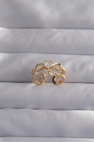 Pirinç Ayarlamalı Gold Renk Zirkon Taşlı 2li Görünüm Fiyonk Yüzük - TJ-BYK3287 ürün görseli 1