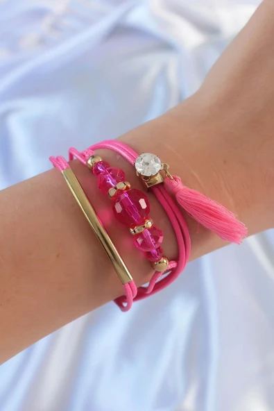 Pembe Zirkon Taşlı İpli Püskül Detay Çoklu Bileklik - TJ-BB6360 ürün görseli 1
