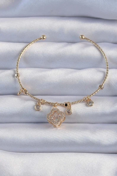 Pirinç Altın Renk Zirkon Taşlı Yonca Model Charm Bileklik - TJ-BB6327 ürün görseli 1