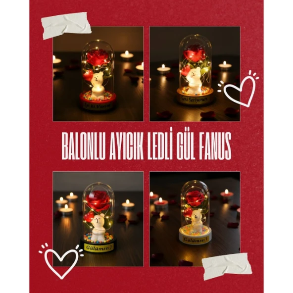 Balonlu Ayıcık Ledli Gül Fanus ürün görseli 1