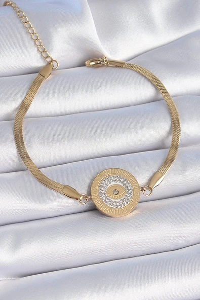 316L Çelik Gold Renk İtalyan Zincir Zirkon Taşlı Göz İşlemeli Madalyon Model Kadın Bileklik - TJ-BB6445 ürün görseli 1