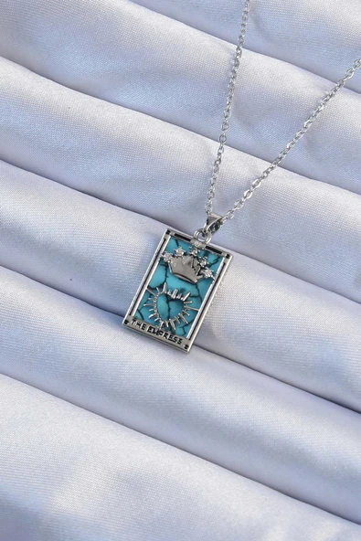 316L Çelik Zincir Gümüş Renk Zirkon Taşlı M.i Mermer Desenli Taç Model Tarot Kolye - TJ-BKO9244 ürün görseli 1