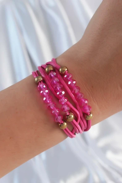 Pembe Renk Zirkon Taşlı İpli Çoklu Bileklik - TJ-BB6342 ürün görseli 1