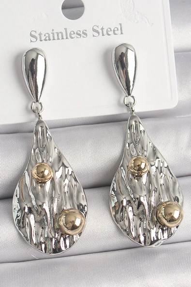 Pirinç Gümüş Renk Sallantı Damla Model Gold Topçuk Detay Kadın Küpe - TJ-BKP10088 ürün görseli 1