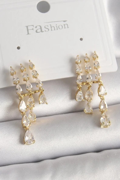 Pirinç Gold Renk Zirkon Taşlı Yağmur Model Kadın Küpe - TJ-BKP9935 ürün görseli 1