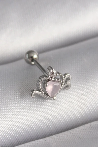 316L Çelik Gümüş Renk Pembe Mineli Kalp Zirkon Taş Detay Tragus Piercing - TJ-PR1261 ürün görseli 1