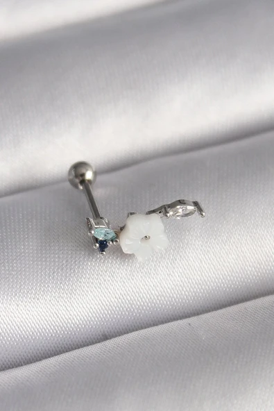 316L Çelik Gümüş Renk Zirkon Taş Detay Beyaz Çiçek Model Tragus Piercing - TJ-PR1357 ürün görseli 1