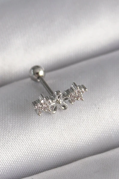 316L Çelik Gümüş Renk Zirkon Taşlı Çiçek Tragus Piercing - TJ-PR1247 ürün görseli 1