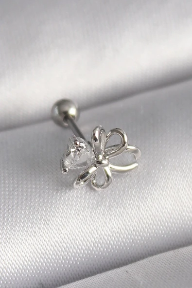 316L Çelik Gümüş Renk Zirkon Taş Detay Kurdele Model Tragus Piercing - TJ-PR1289 ürün görseli 1