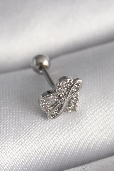 316L Çelik Gümüş Renk Zirkon Taşlı Sonsuzluk Detay Tragus Piercing - TJ-PR1249 ürün görseli 1