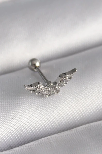 316L Çelik Gümüş Renk Zirkon Taş Detay Kanat Model Tragus Piercing - TJ-PR1291 ürün görseli 1