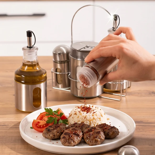 Porsima BY006 Canister 6 Parça Yağlık Baharatlık Seti - Paslanmaz Çelik Cam Baharatlık Yağdanlık Seti ürün görseli 1
