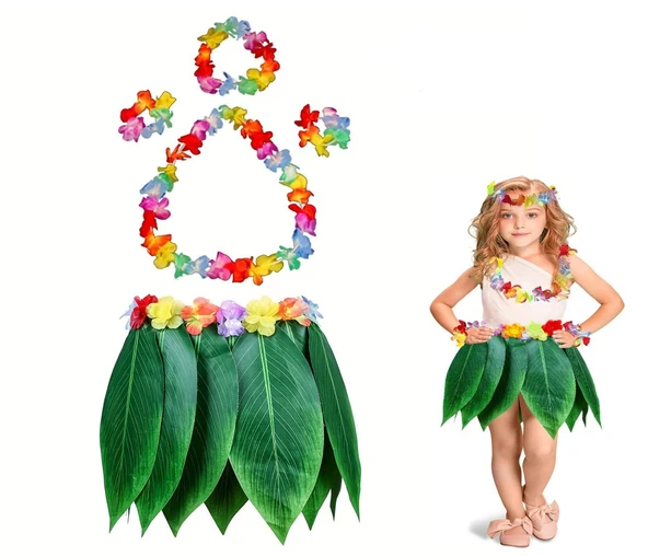 Çocuk Hawaii Kostüm Seti - Yaprak Etek & Hawaii Set - 5 Parça ürün görseli 1