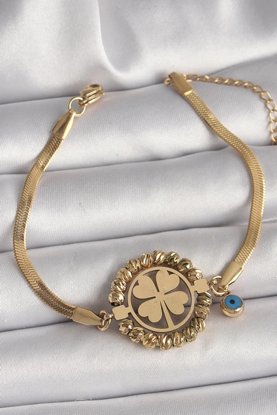 316L Çelik Gold Renk İtalyan Zincir Model Dorika Yonca Figür Nazar Boncuk Detay Kadın Bileklik - TJ-BB6785 ürün görseli 1