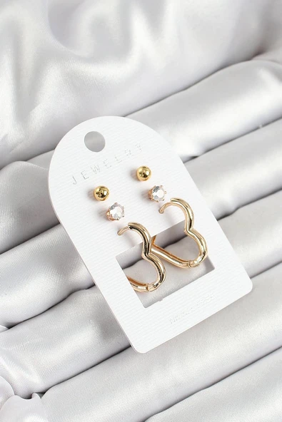 Pirinç Zirkon Taş Ve Kalp Figürlü Gold Renk 3'lü Çift Kadın Küpe Set - TJ-BKP10650 ürün görseli 1