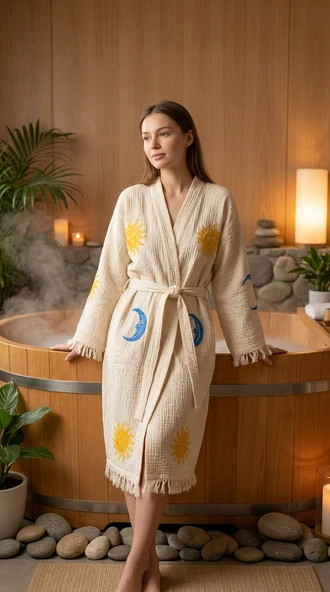 Varol Organik %100 Pamuk Kimono Yaka Sabahlık Bornoz - Solyra ürün görseli 1