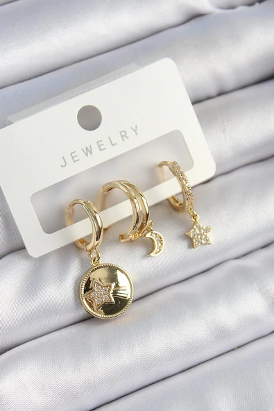 Pirinç Zirkon Taşlı Yıldız Ve Ay Model Gold Renk 3'lü Çift Kadın Küpe Set - TJ-BKP10833 ürün görseli 1