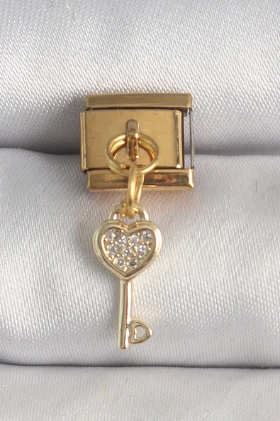 316L Çelik Gold Renk Sallantı Zirkon Taşlı Kalpli Anahtar Model Nomination Charm - TJ-BC1371 ürün görseli 1