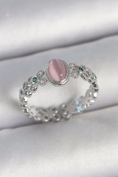 Pirinç Gümüş Renk Zirkon Taş Detaylı Pembe Mineli Damla Model Ayarlanabilir Kadın Yüzük - TJ-BYK3724 ürün görseli 1