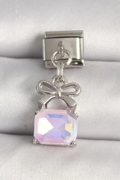 316L Çelik Gümüş Renk Pembe Zirkon Taşlı Çanta Model Nomination Charm - TJ-BC1301 ürün görseli 1