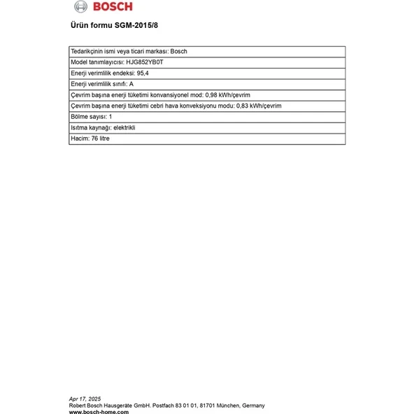Bosch HJG852YB0T 76 Lt 8 Programlı Ankastre Fırın - Resim 2