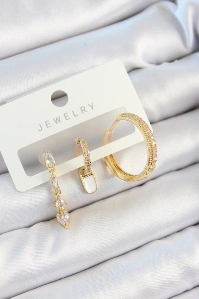 Pirinç Zirkon Taşlı Sallantılı Model Gold Renk 3'lü Çift Kadın Küpe Set - TJ-BKP10829 ürün görseli 1