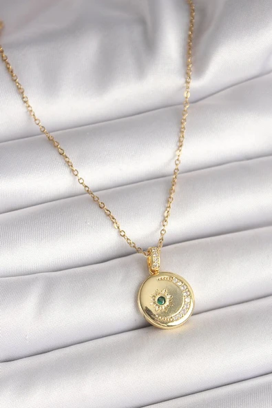 316L Çelik Gold Renk Zincir Zirkon Taş İşlemeli Hilal Yıldız İşlemeli Madalyon Model Kadın Kolye - TJ-BKO9952 ürün görseli 1