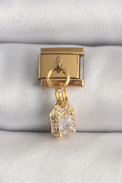 316L Çelik Gold Renk Sallantı Zirkon Taşlı Kare Model Nomination Charm - TJ-BC1348 ürün görseli 1