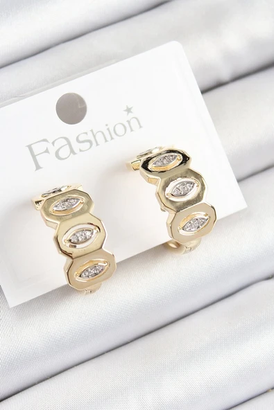 Pirinç Zirkon Taşlı Damla Figürlü Halka Model Gold Renk Kadın Küpe - TJ-BKP10784 ürün görseli 1