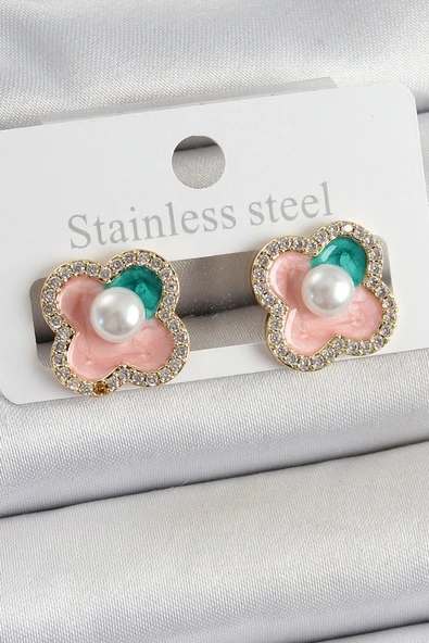 Pirinç Pembe Mineli İnci Detaylı Zirkon Taşlı Sanatsal Portre Yonca Model Gold Renk Kadın Küpe - TJ-BKP10682 ürün görseli 1