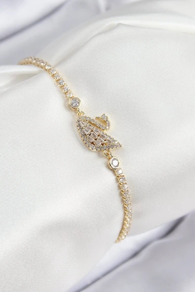 Pirinç Zirkon Taşlı Kuğu Model Gold Renk Kadın Bileklik - TJ-BB7691 ürün görseli 1