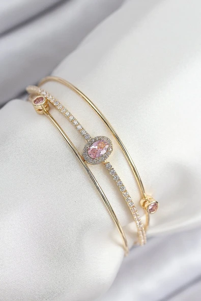 Pirinç Zirkon Taşlı Baget Model Gold Renk Kadın Bileklik - TJ-BB7863 ürün görseli 1