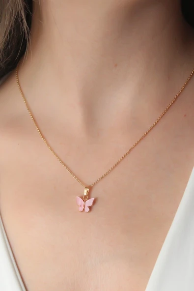 Gold Pembe Renk Kelebek Figür Kadın Kolye - TJ-BKO6817 ürün görseli 1