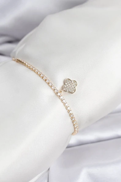 Yonca Model Zirkon Taşlı Gold Renk Asansörlü Su Yolu Bileklik - TJ-BB8244 ürün görseli 1