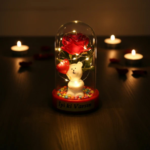 Balonlu Ayıcık Ledli Gül Fanus - Resim 5