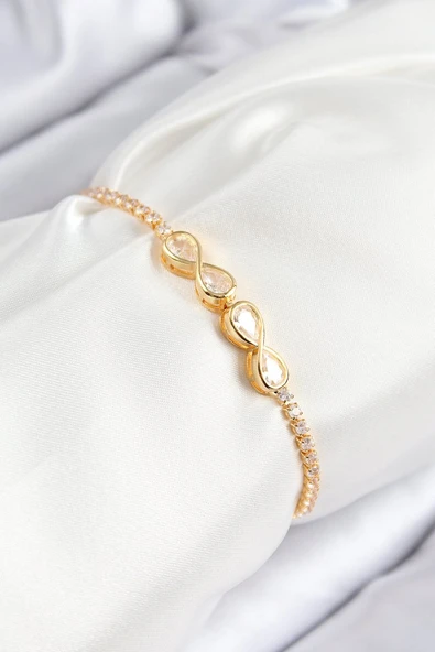 Pirinç Zirkon Taşlı Sonsuzluk Model Gold Renk Asansörlü Kadın Bileklik - TJ-BB7721 ürün görseli 1