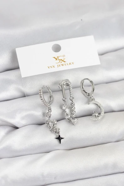 Pirinç Gümüş Renk Zirkon Taşlı Uzay Model YSX Trio Küpe Seti - TJ-BKP11569 ürün görseli 1