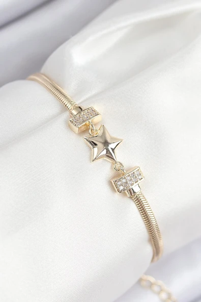 Pirinç Zirkon Taşlı Yıldız Model Gold Renk Kadın Bileklik - TJ-BB7899 ürün görseli 1