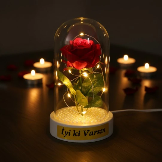 İncili Ledli Gül Fanus - Resim 5